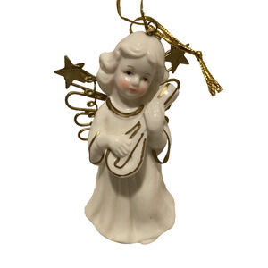 Vtg 50s Porcelain Angel Bell Christmas Ornament 4" Tall Figurine Japan Gold Trim